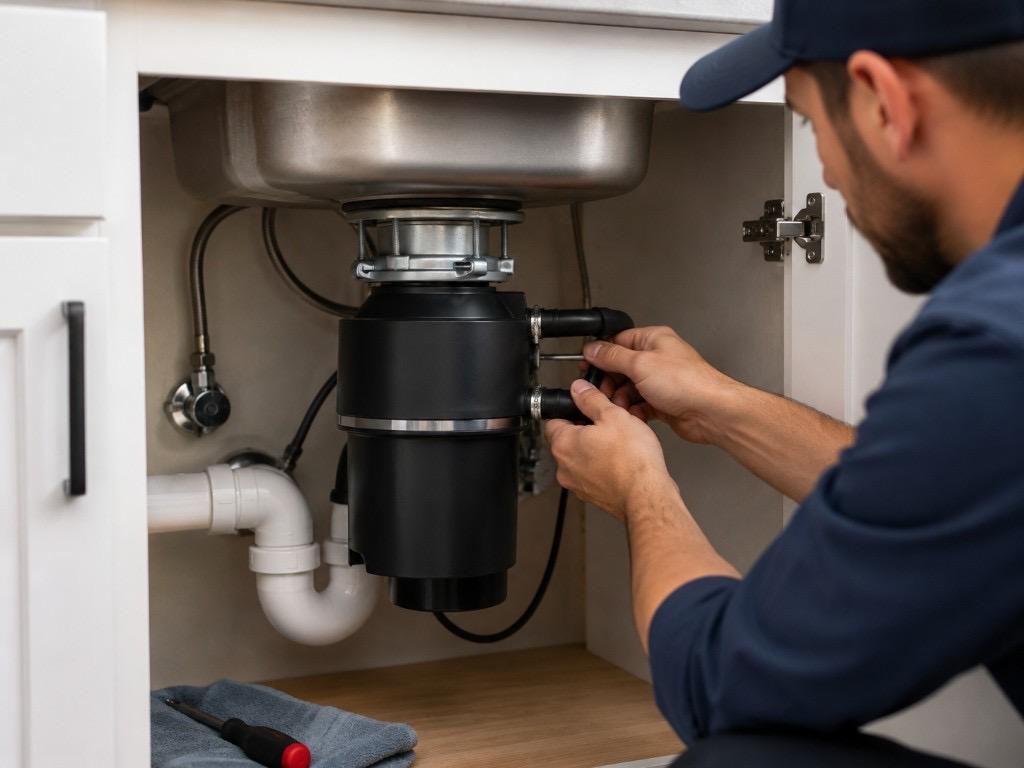 Plumber installing or repairing a garbage disposal under a kitchen sink
